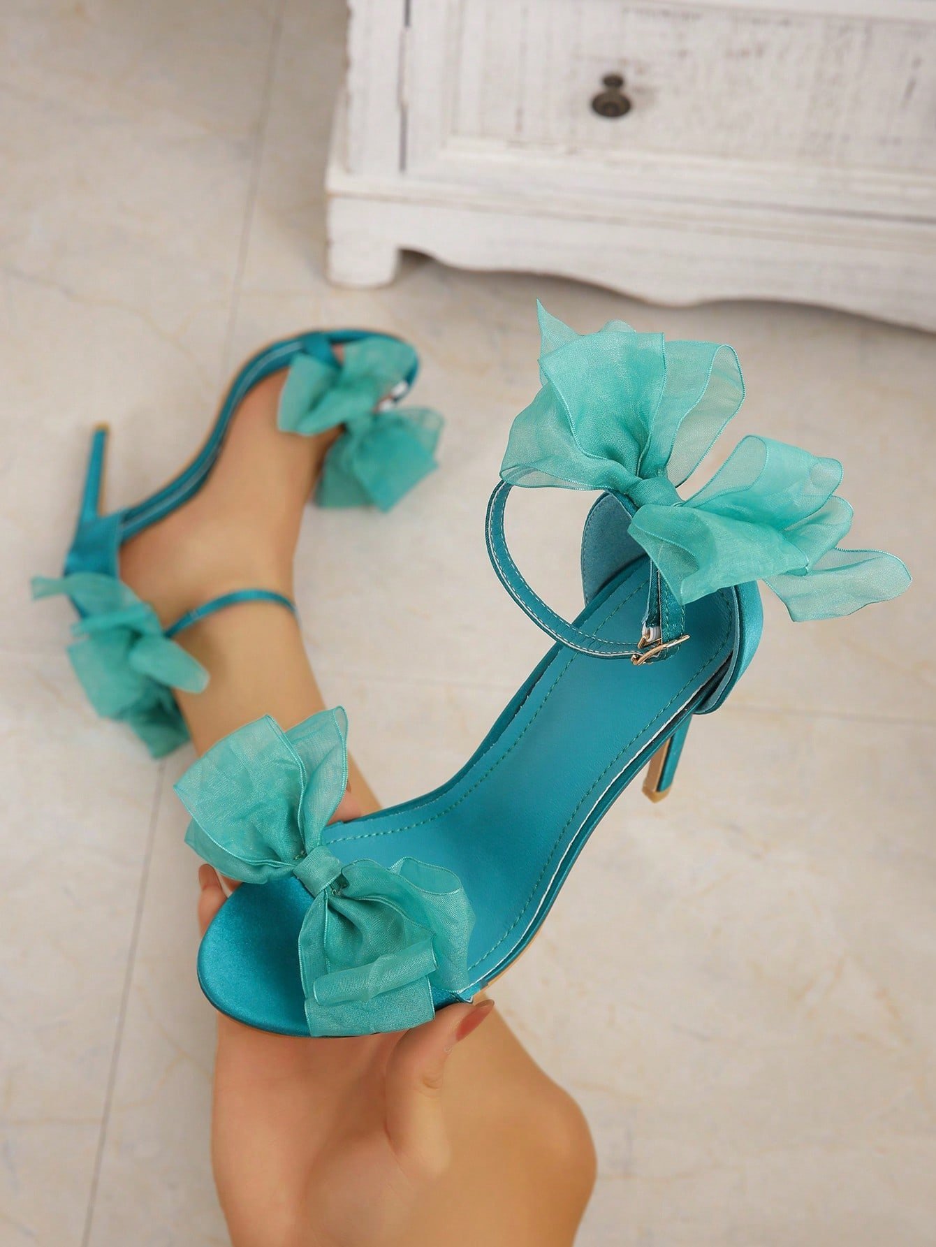 Mesh Bowknot Decor Stiletto Heel Ankle Strap Sandals