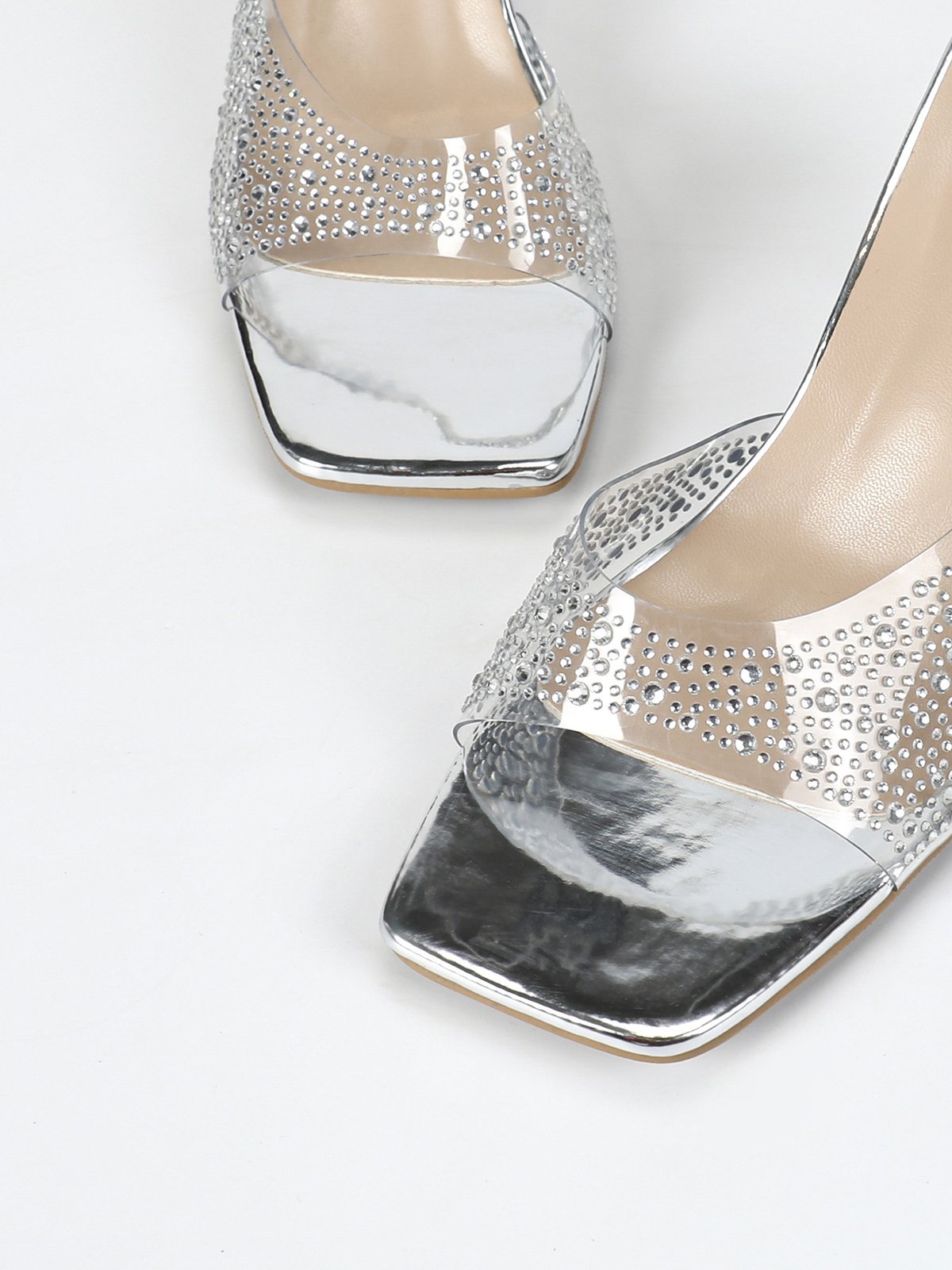 Transparent PVC Rhinestone Square Toe Stiletto Heel Sandals