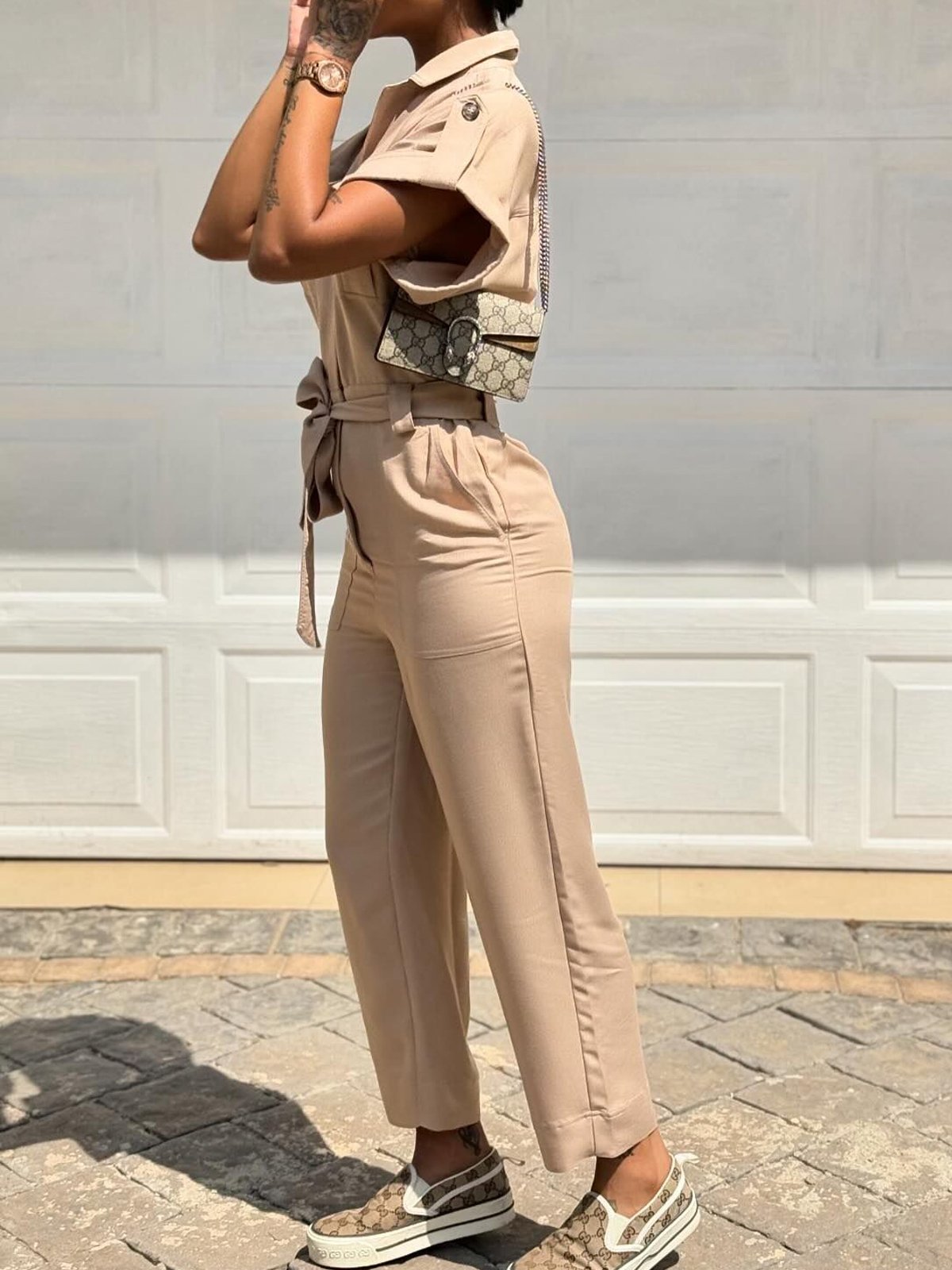 Plain Shawl Collar Jumpsuit With No