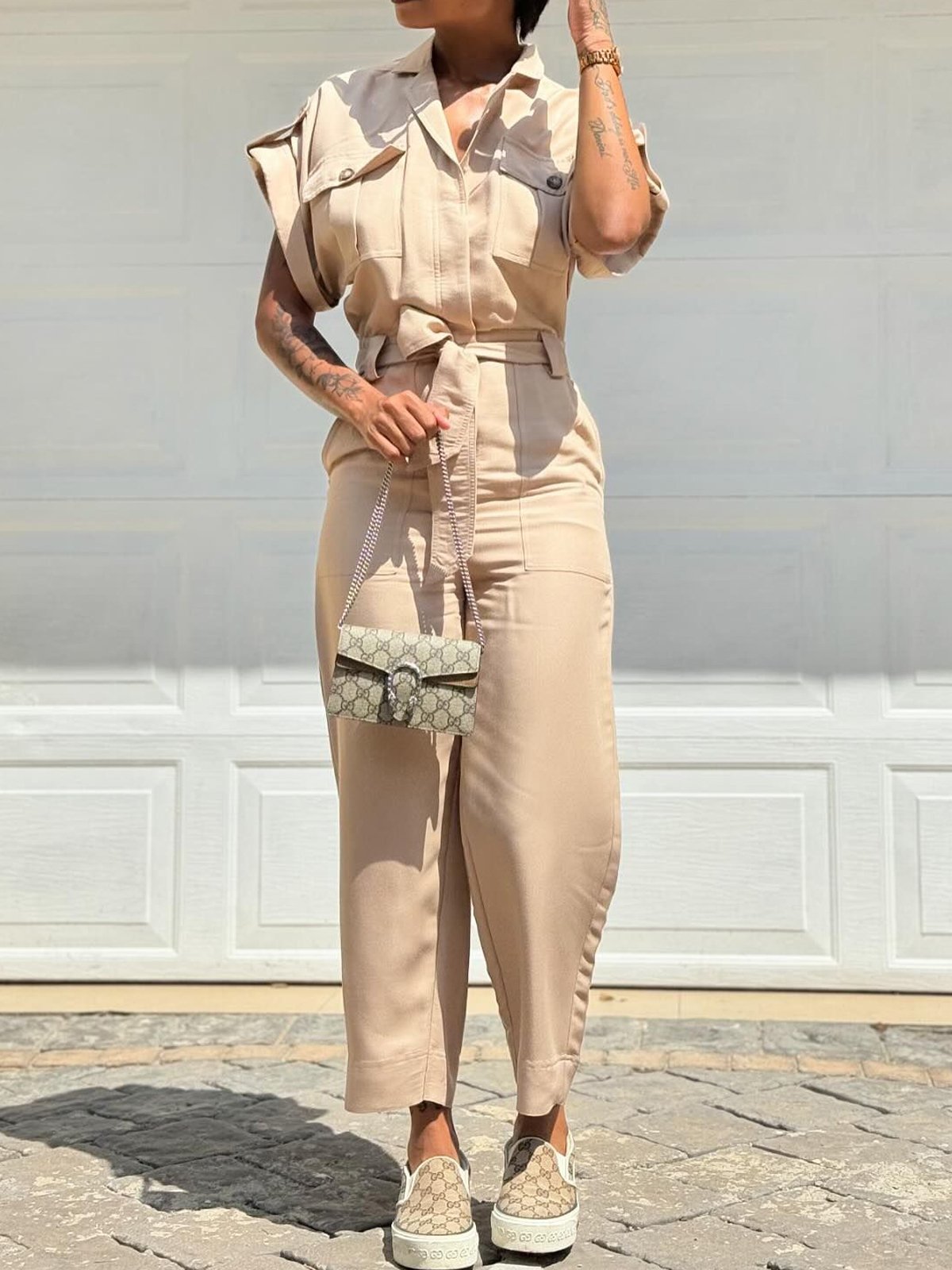 Plain Shawl Collar Jumpsuit With No
