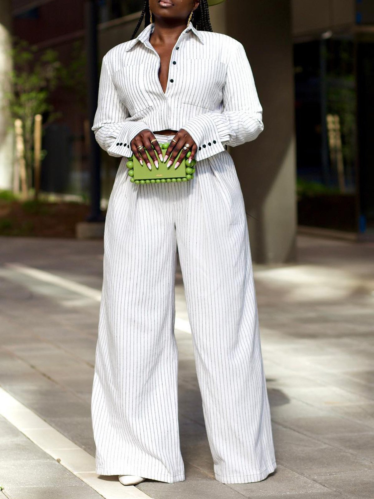 Shirt Collar Striped Vacation Blouse