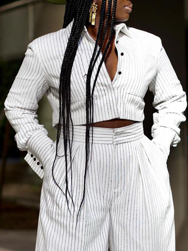 Shirt Collar Striped Vacation Blouse