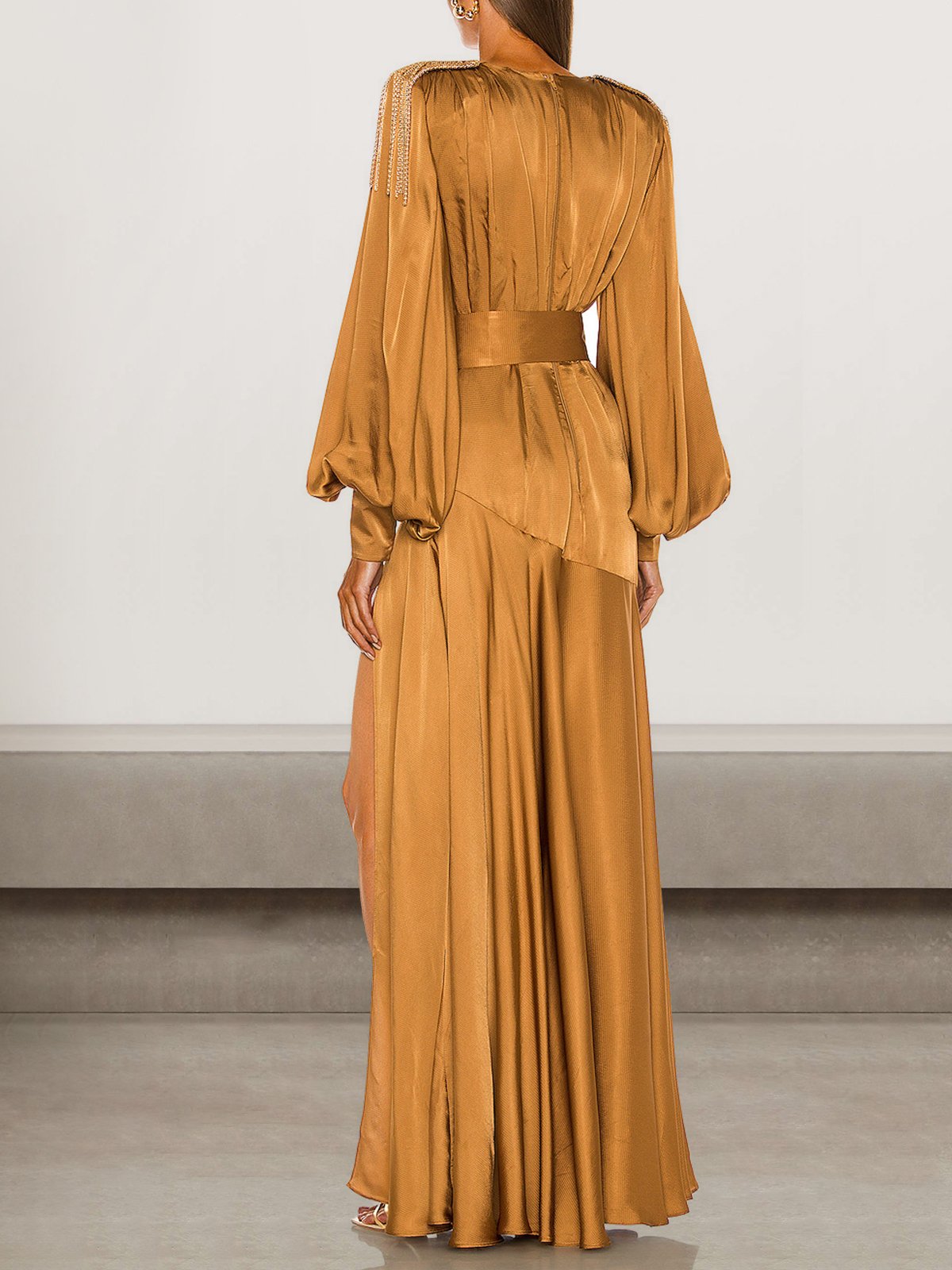 Deep V-shoulder decorative tassel hem with slit elegant long dress