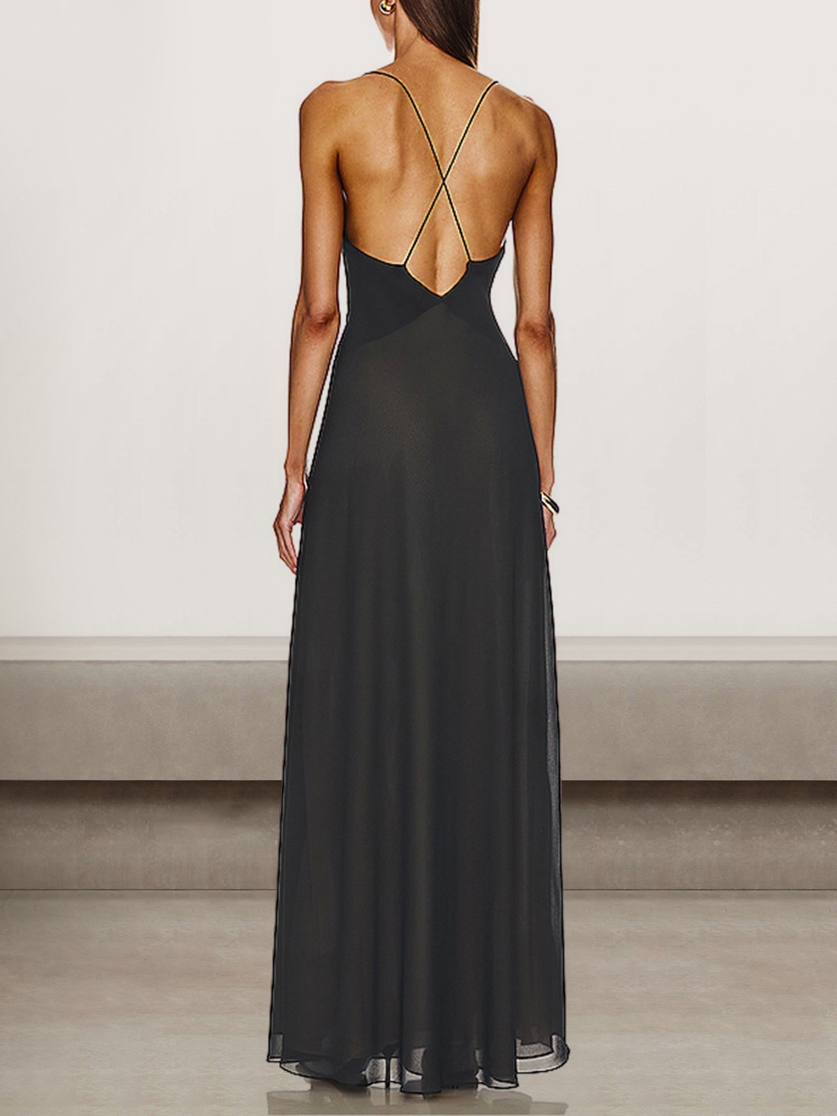 Deep V-neck decorated flower suspender backless dress