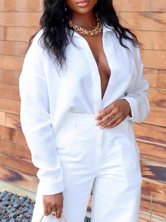 Plain Shirt Collar Loose Vacation Blouse