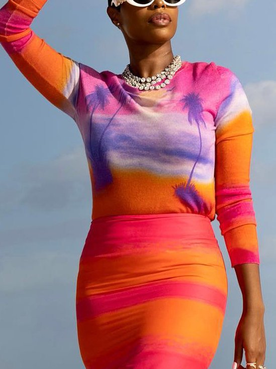 Crew Neck Vacation Color Block T-Shirt