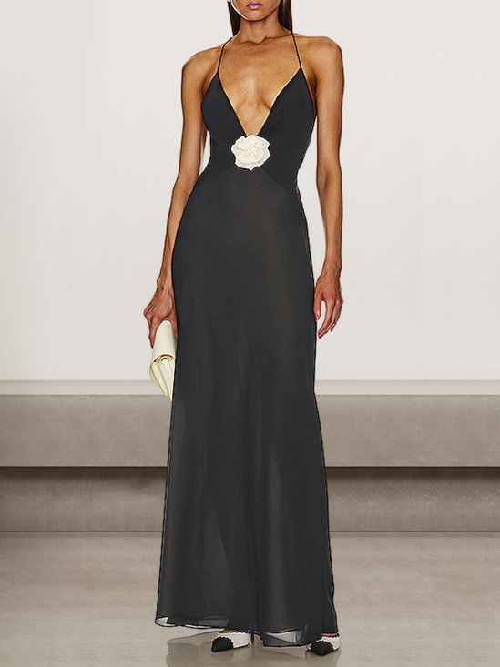 Deep V-neck decorated flower suspender backless dress