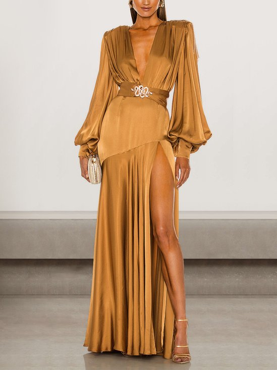 Deep V-shoulder decorative tassel hem with slit elegant long dress