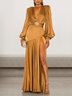 Deep V-shoulder decorative tassel hem with slit elegant long dress